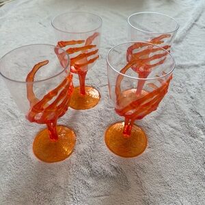 Set of 4 Halloween Skeleton Hand Goblets – Orange Plastic Cups – Spiderweb Base‎